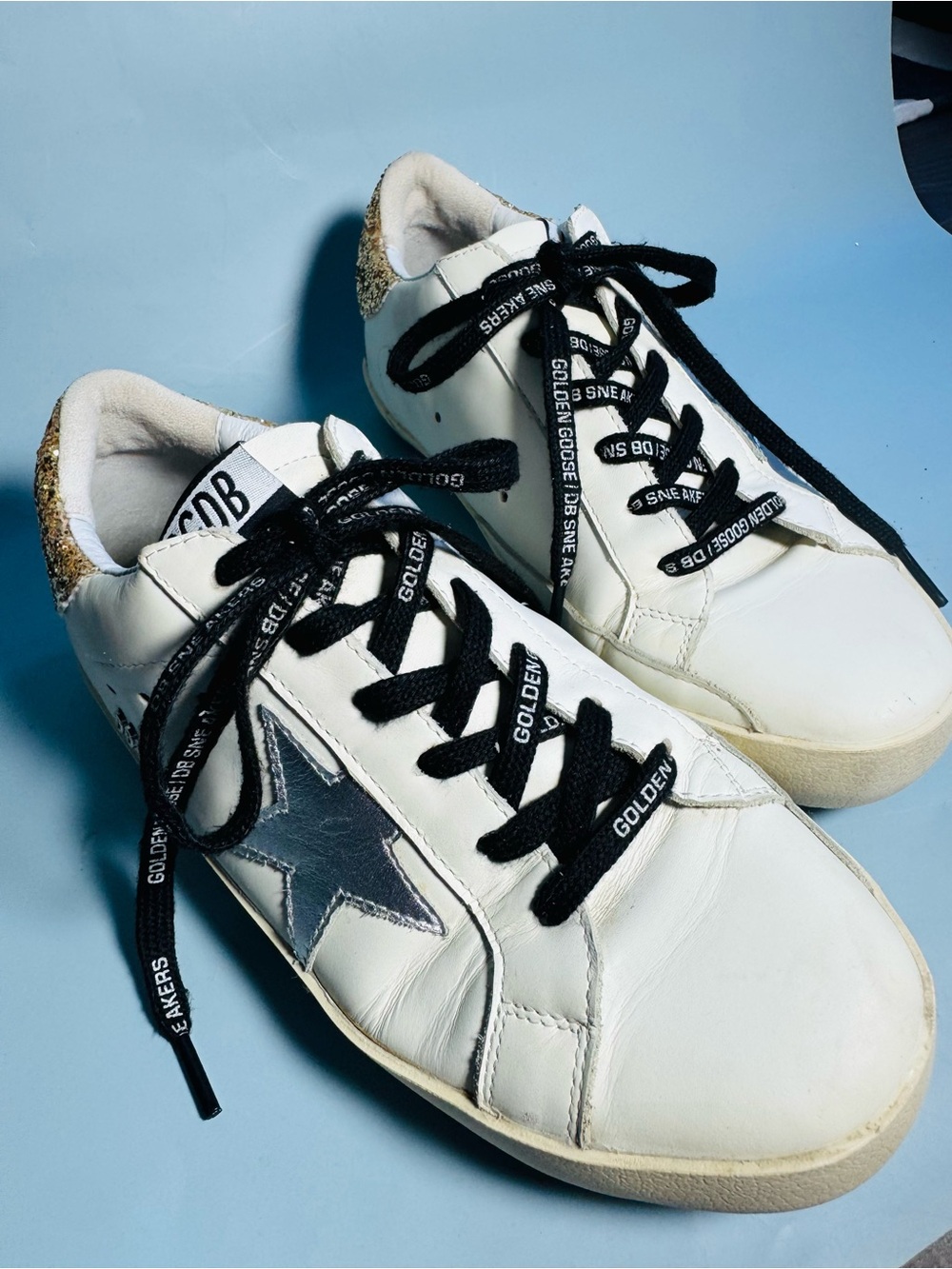 Golden Goose White Leather Sneakers with Silver Star and Gold Glitter Heel SZ 8* - Picture 6 of 13